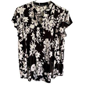 Ava & Grace Black White Floral Quarter Button Short Sleeve Top Women's Medium
